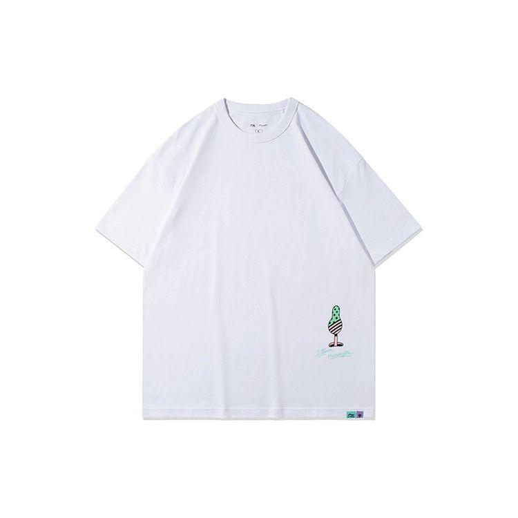 Li-Ning Cartoon Print Loose Round Neck T-Shirt Men Tops White AHSR941-2