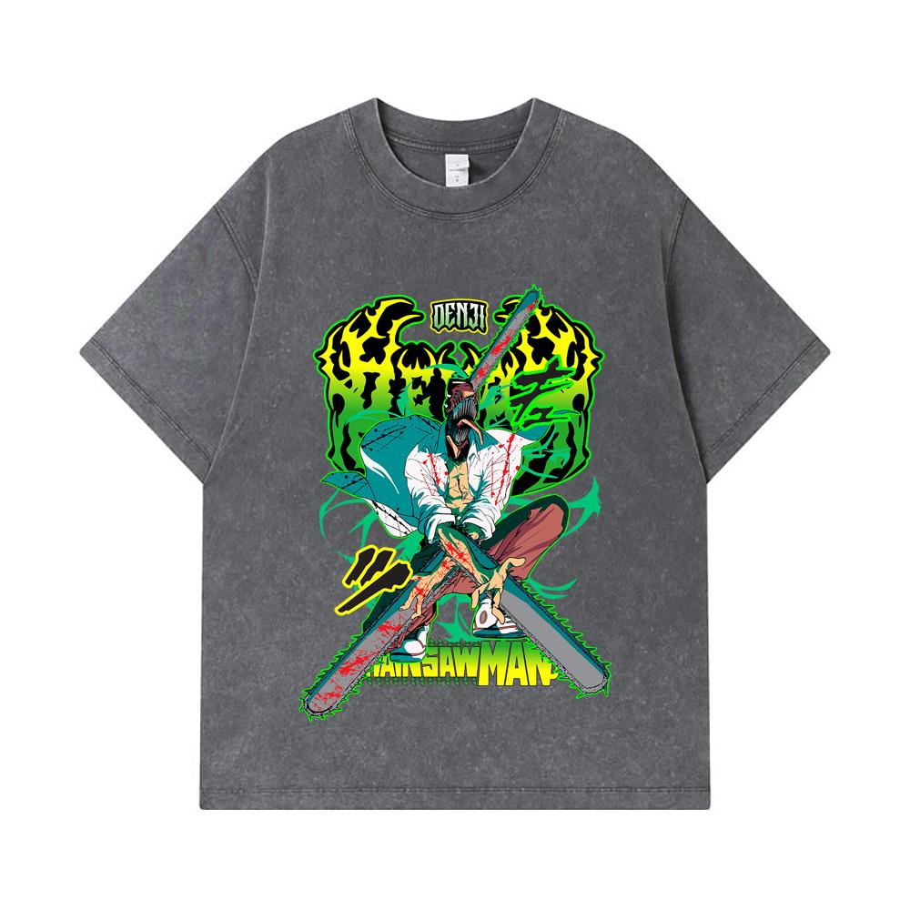 275 GSM Washed T-shirts 100% Cotton Chainsaw Man V36 Denji Pochita Print Unisex Heavy Cotton T Shirt