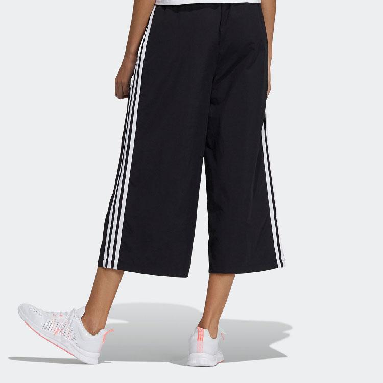 Adidas Color Block Three Stripe Wide Leg Mid Rise Loose Fit Cropped Casual Pants Women Bottoms Black H45101