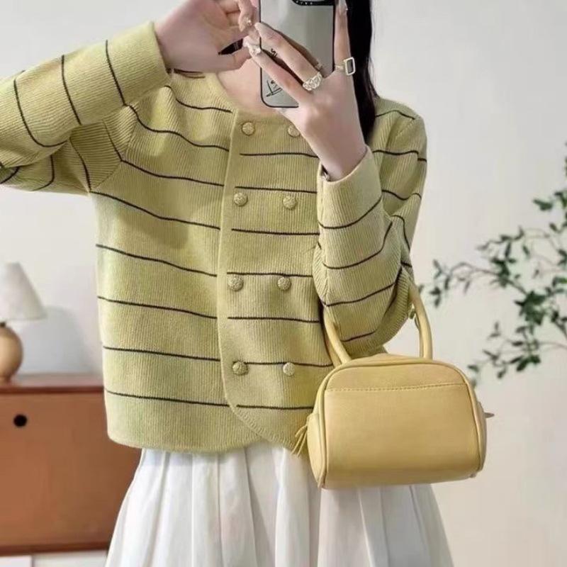 QICED Spring and Autumn Women's Double Breasted Foreign Style Classic Striped Color Contrast Design Loose Round Neck Fashion Knitted Cardigan