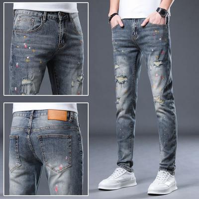 Spring and Autumn New Embroidery Men's Trousers Elastic Casual Printed Jeans Men's Trousers Tide Slim Small Leg Trousers