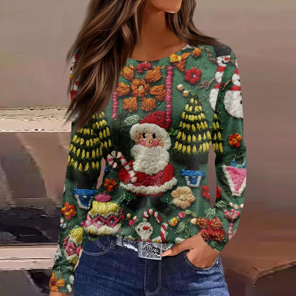 Women's Fashion Hem Slit Casual Christmas Printed Round Neck Long Sleeve Top