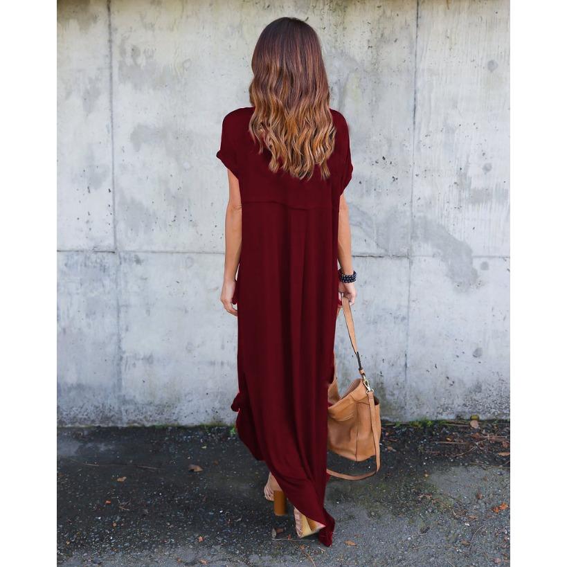 GMXIA Summer Solid Color Print V-neck Pocket Slit Dress