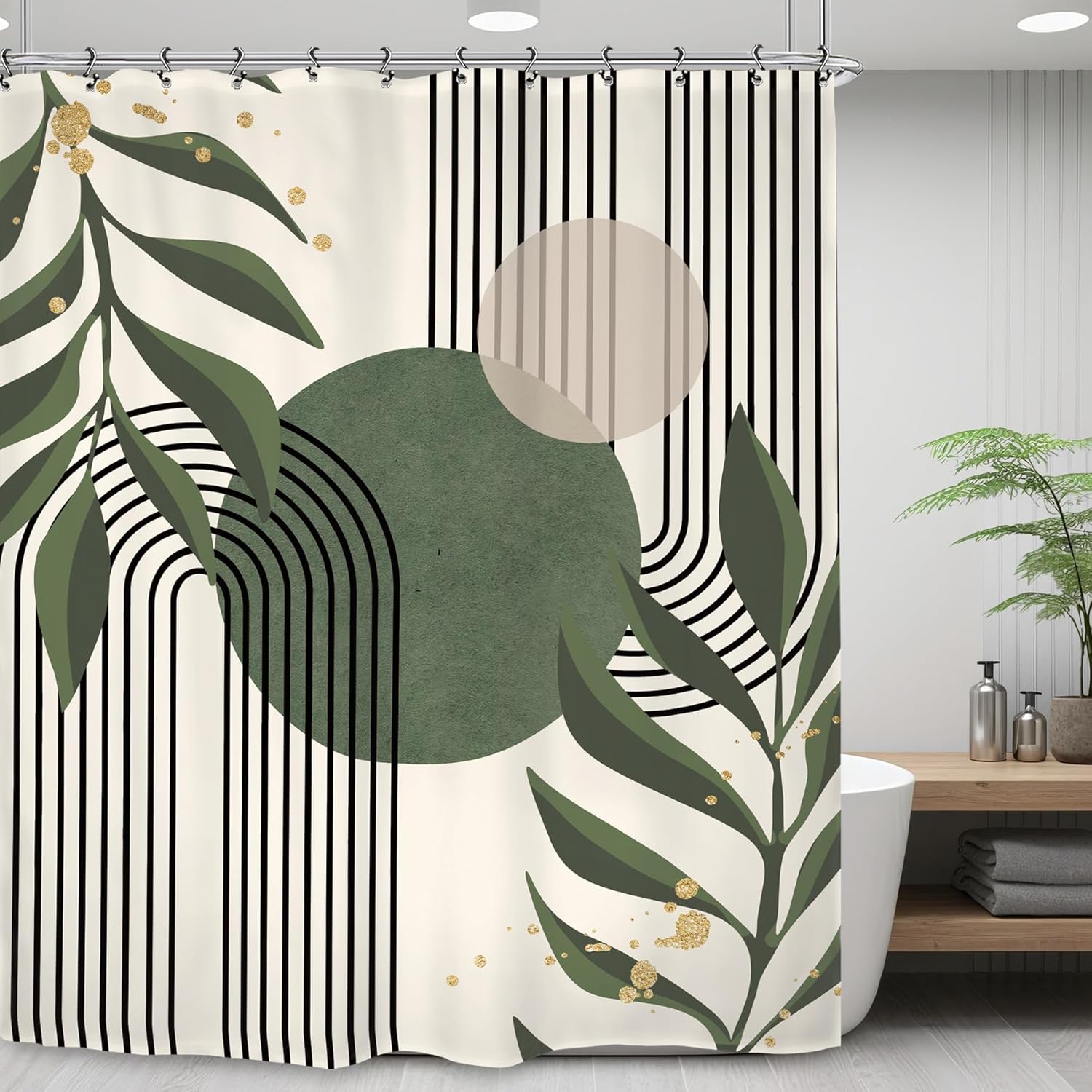 Sage Green Abstract Shower Curtain, Modern Mid Century Minimalist Leaves Plant Decor 90x180CM
