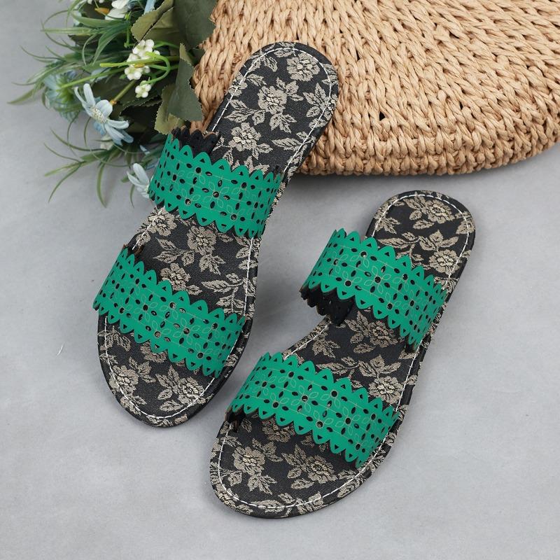 Summer Outer Wear One Word Flip Flops Printed Hollow Out Fashion Lightweight Casual Sandal Flops