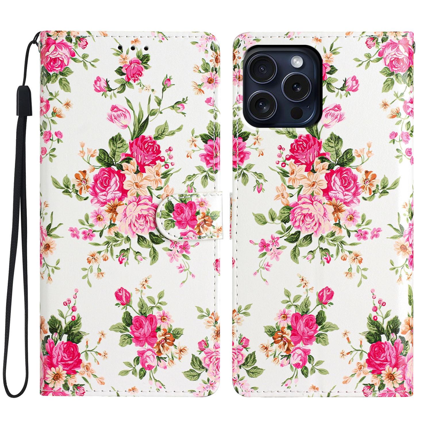 

For iPhone 16 Pro Case Print Pattern Design PU Leather Phone Cover with Card Slots Wrist Strap Red Flowers