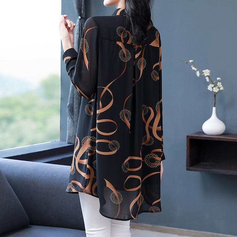 Nueva Blusa Suave y Cómoda de Verano para Mujer Cuello Solapa Botones Arriba Holgada Casual Camisa de Gasa Estampada Manga Larga Cárdigan Midi