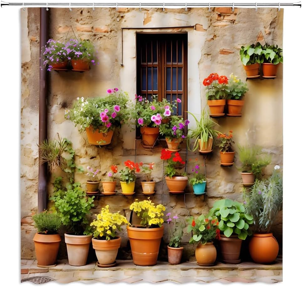 Italian Shower Curtain European Street Garden Old Wall Nature Flower Potted Plant Vintage Mediterranean Scene Bathroom Decor