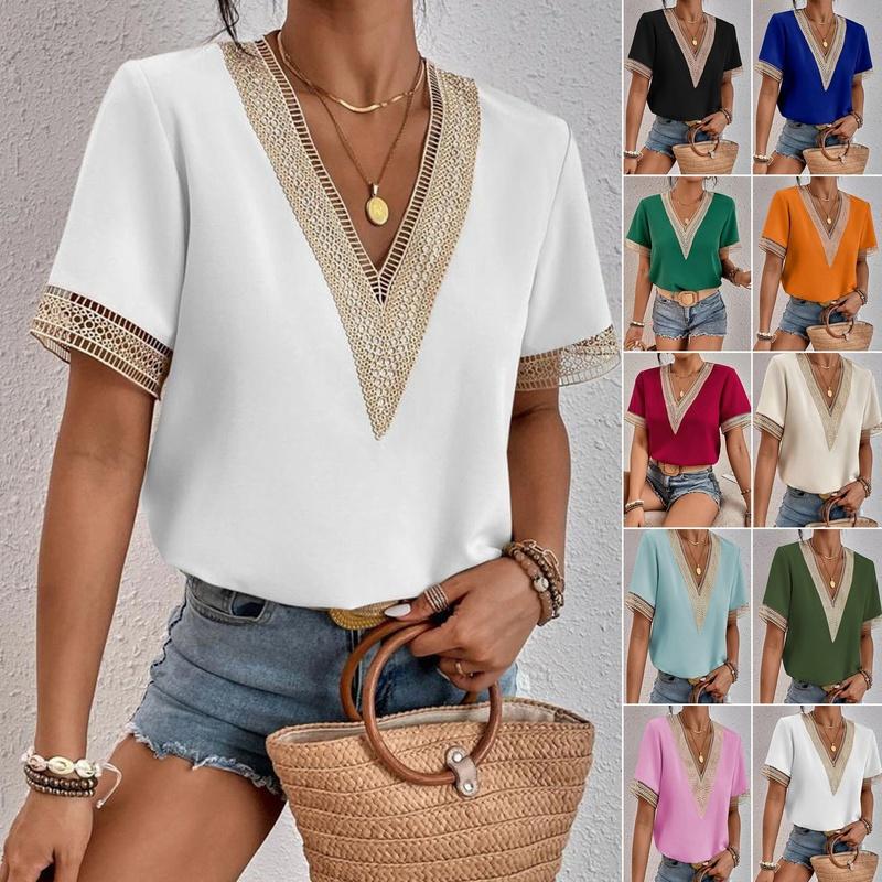 Women's V Neck Blouse Short Sleeve Lace Trim Loose Fit Casual Summer Top