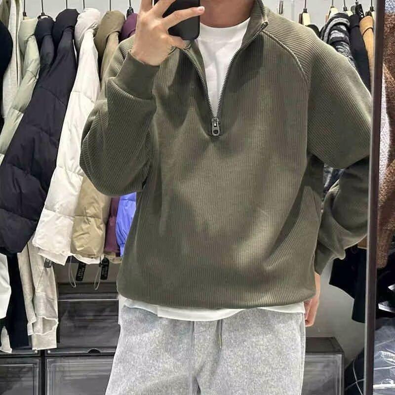 Autumn and Winter Long-sleeved T-shirt Men's Loose Japanese Top Pullover Bottoming Shirt Stand Collar Half Zipper Casual Fashion Sweatshirt