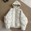 Knitted hooded puff cotton-padded clothes for women's new fake two-piece loose cotton-padded clothes, warm and thickened cotton-padded jacket.