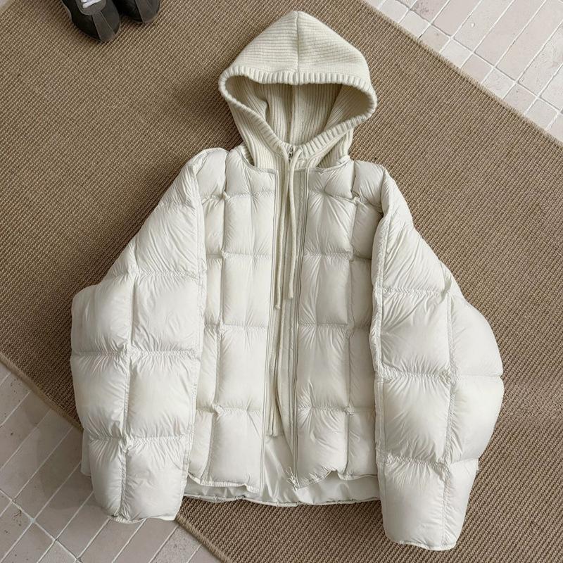 Knitted hooded puff cotton-padded clothes for women's new fake two-piece loose cotton-padded clothes, warm and thickened cotton-padded jacket.