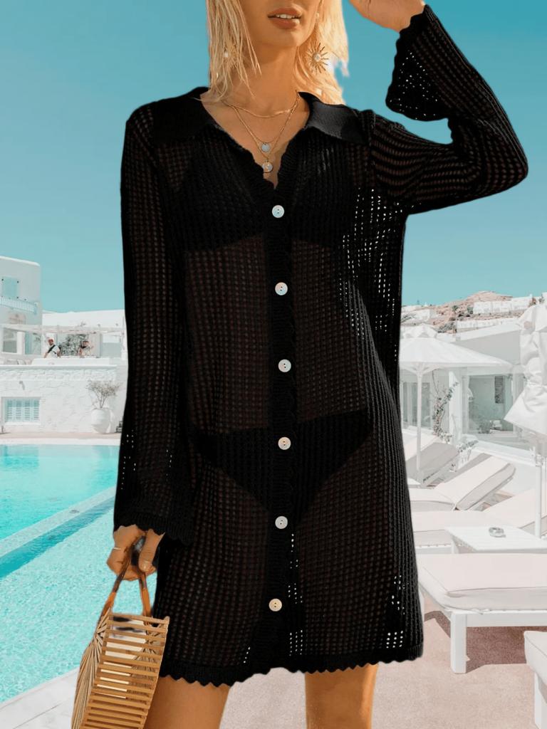 Women's Crochet Beach Cover Up Button Down Long Sleeve Cardigan Mini Dress