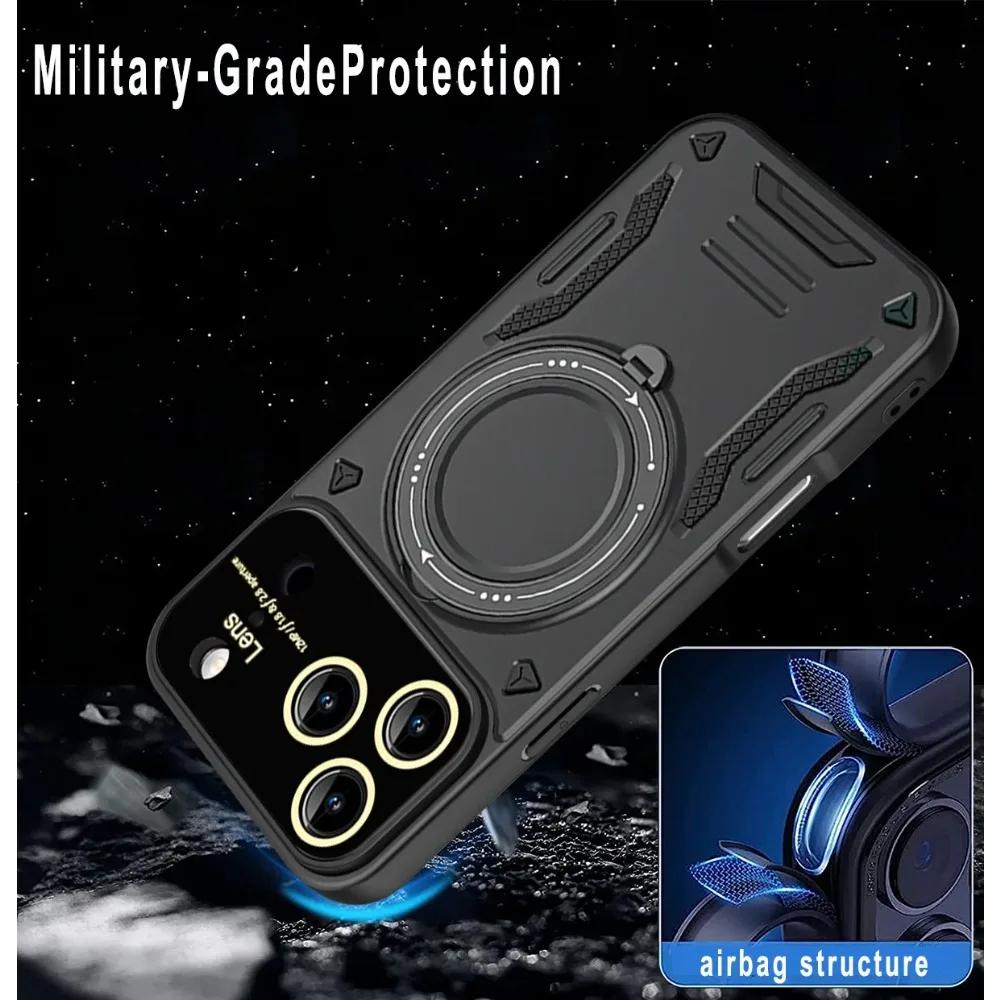 Shockproof Armor Magnetic Phone Cases for IPhone 17 16 15 14 13 12 11 Pro Max Plus 17 Air Ring Rotation Holder Anti-Drop Cover