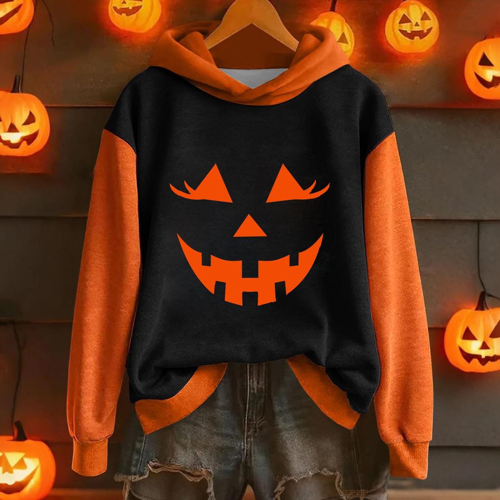 Ladies' Casual And Fashionable Halloween Printed Long Sleeved Hooded Warm Shirt Loose And Comfortable Hoodie