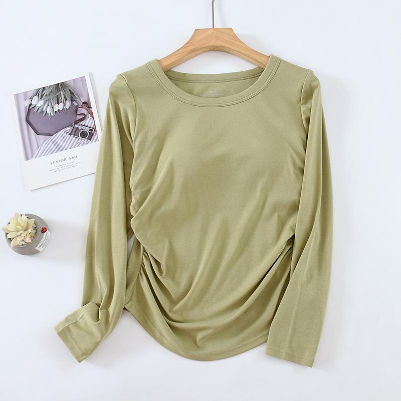 Chest-Padded Slim Fit Women's Top: Round Neck, Long Sleeve, Fishtail Hem, No Bra Needed, Autumn/Winter Style.