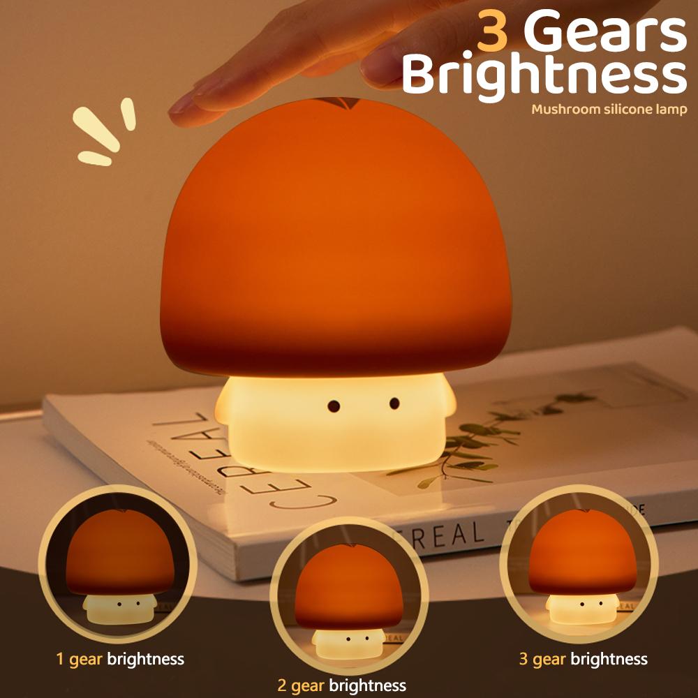 Mushroom LED Silicone Night Light Soft Sleeping Nursery Night Light Dimmable Timer Rechargeable Lamp Room Decor Baby Bedside Lam