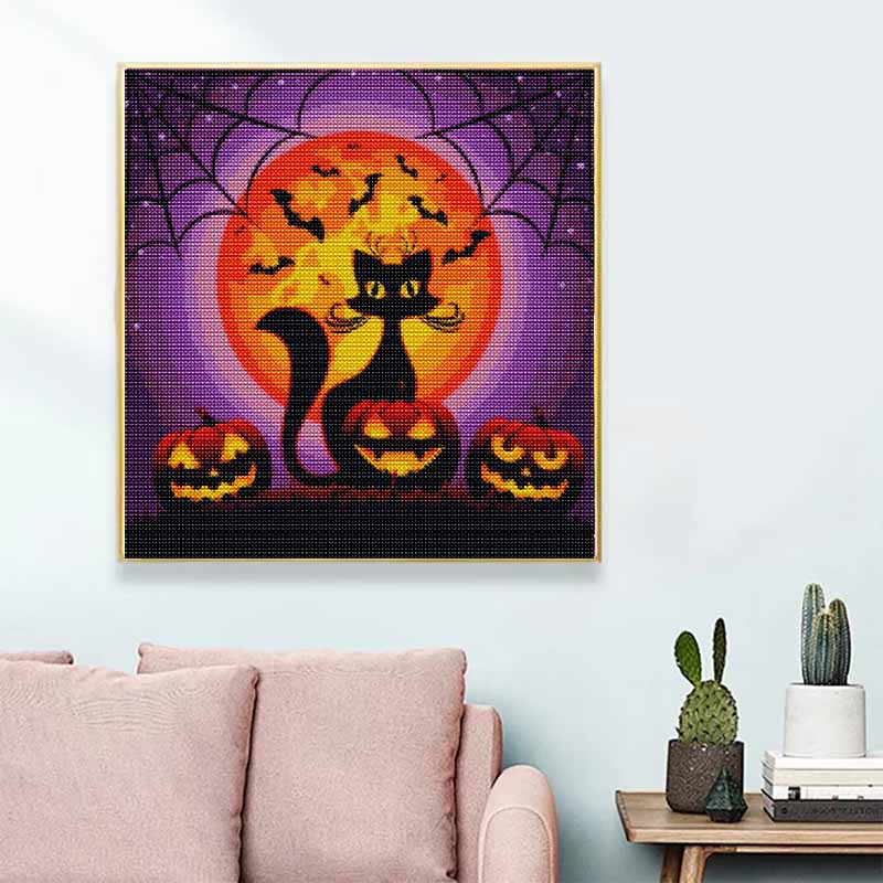 Diamond Painting Kit Halloween Black Cat Pumpkin Design DIY 5D Full Drill Canvas Art Relaxing Bedroom Wall Decor Gift