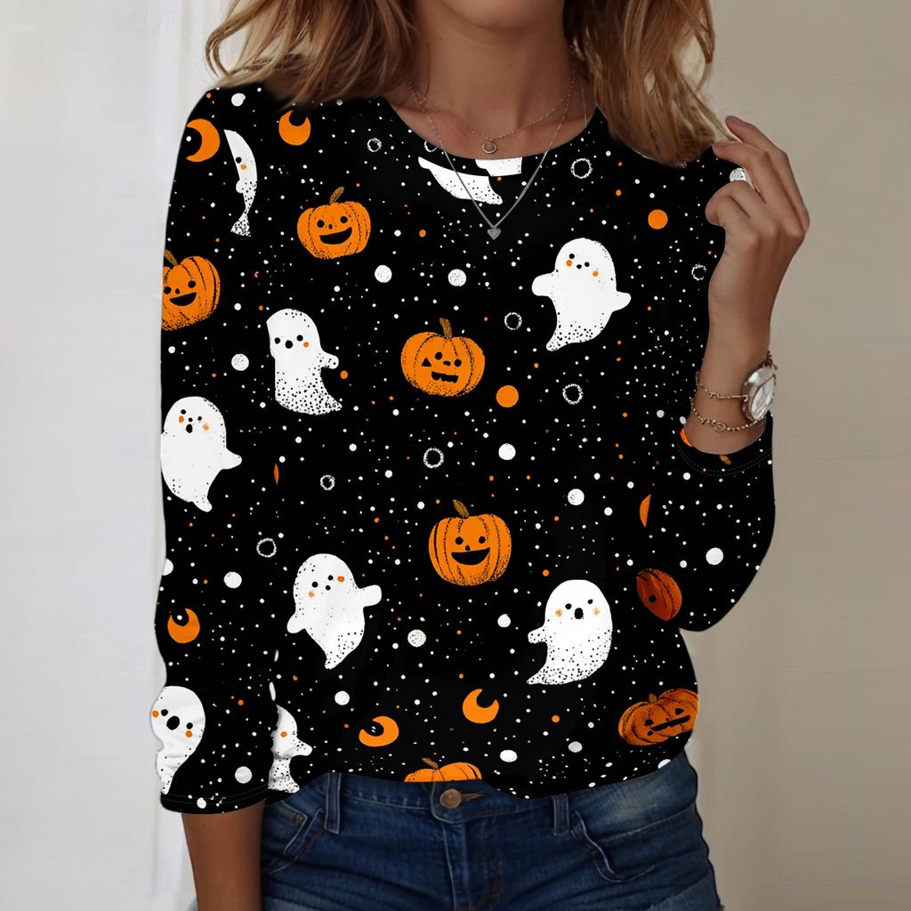 Women's Casual Long Sleeve Crewneck Top with Halloween Print for Fall Festive Wear