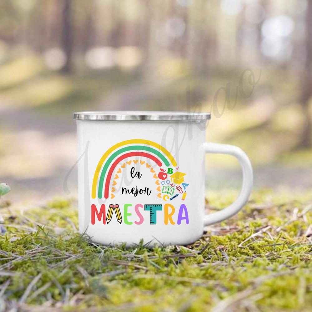 Best Teacher in The World Printed Enamel Mug Coffee Milk Cups Outdoor Handle Camping Cup Teacher's Day Thanks Gifts for Teachers