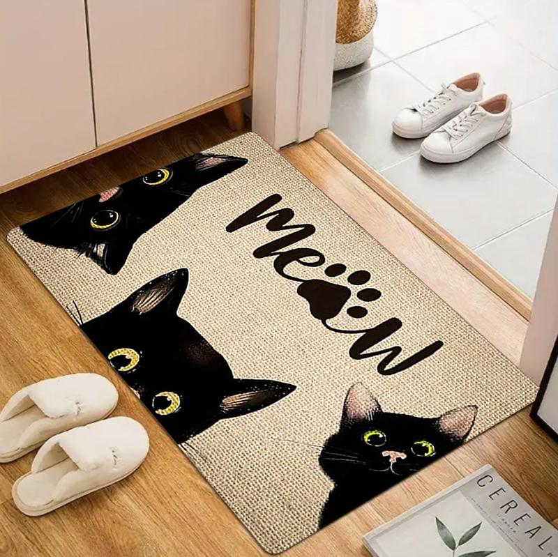 Cute Cat Welcome Door Mat Funny Cartoon Black Cat Letter Print Design Entryway Rug Soft Non-slip Entrance Carpet for Front Door