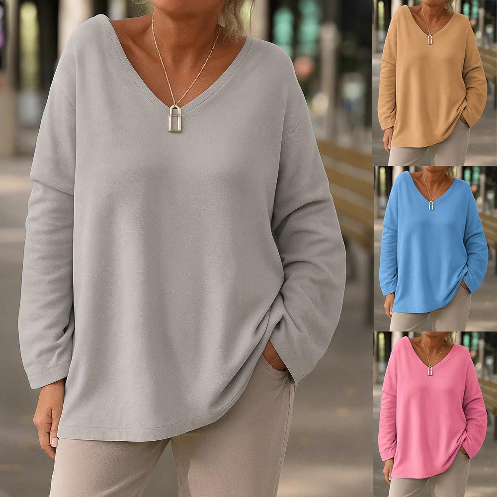 Casual V-Neck Long Sleeve Loose Pullover Mesh Fabric Multicolour Womens Top Sweatshirt Comfortable Fit Trendy Style for Daily & Casual Outfits