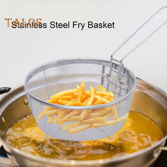 Stekekurv i rustfritt stål med håndtak Rund stekekurv på kjøkken for pommes frites Løkringer stekt kylling