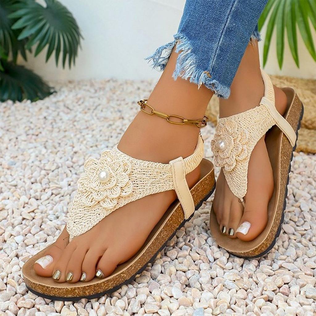 Women Summer Floral Crochet Thong Sandals Platform Flip Flops Slip On Slingback Casual Beach Shoes for Outdoor Wear