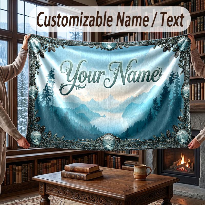 Mountain Landscape Theme Throw Blanket Custom Name Text Personalized Blanket Soft Cozy Blanket for Home Sofa Bed