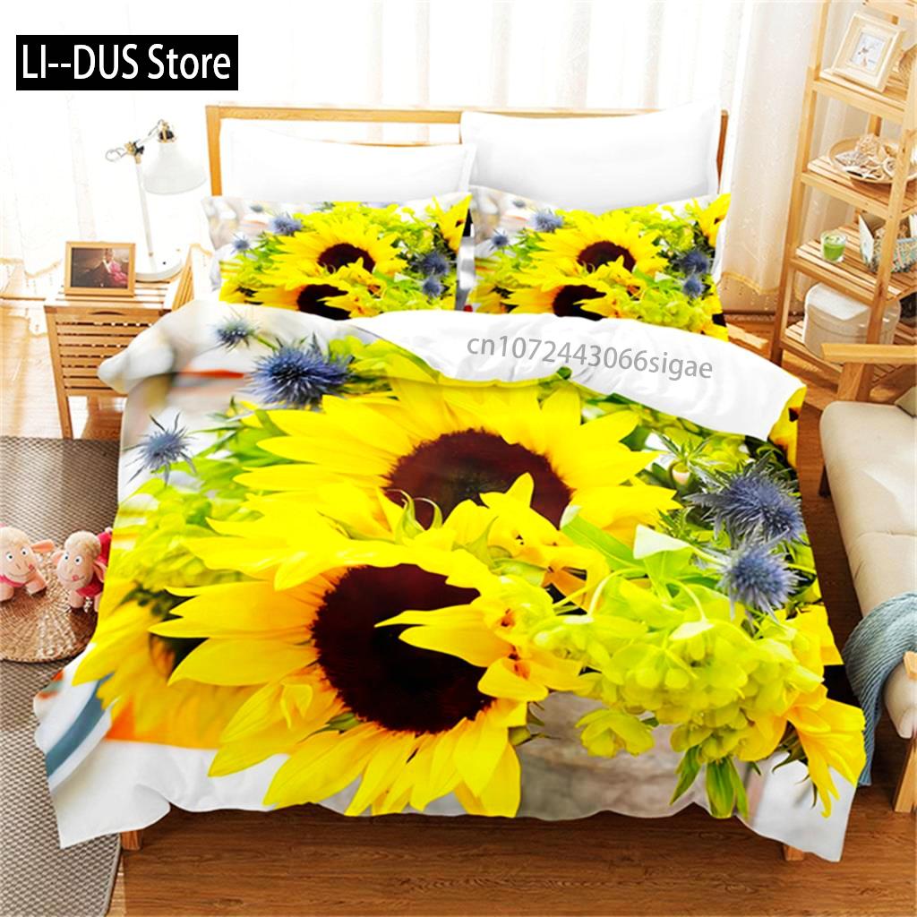 Sonnenblumen Bettwäsche Set Gelb Pflanze Blumen Bettbezug Botanische Landschaft Steppdeckenbezug Mädchen Frauen Schlafzimmer Wunderschöne Dekorationen