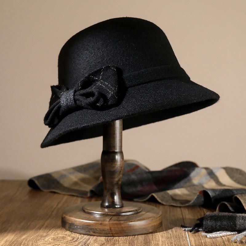 Autumn and winter mother hat mature women's wool woolen bow fashion top hat retro dome thermos hat