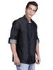 Modern Denim Chef Jacket with Breathable Mesh Sides, Unisex Roll-Up Sleeve Chef Coat, Asymmetrical Indigo Blue Black Kitchen Uniform, XS-XXL