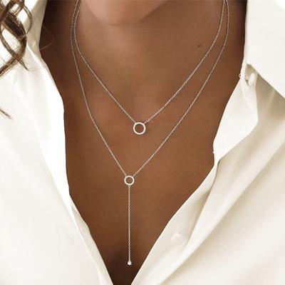 Silver Double-Deck Circle Zircon Pendant Long O-Chain Choker Necklace 2024 Spring Women Wedding Fine Jewelry CLE