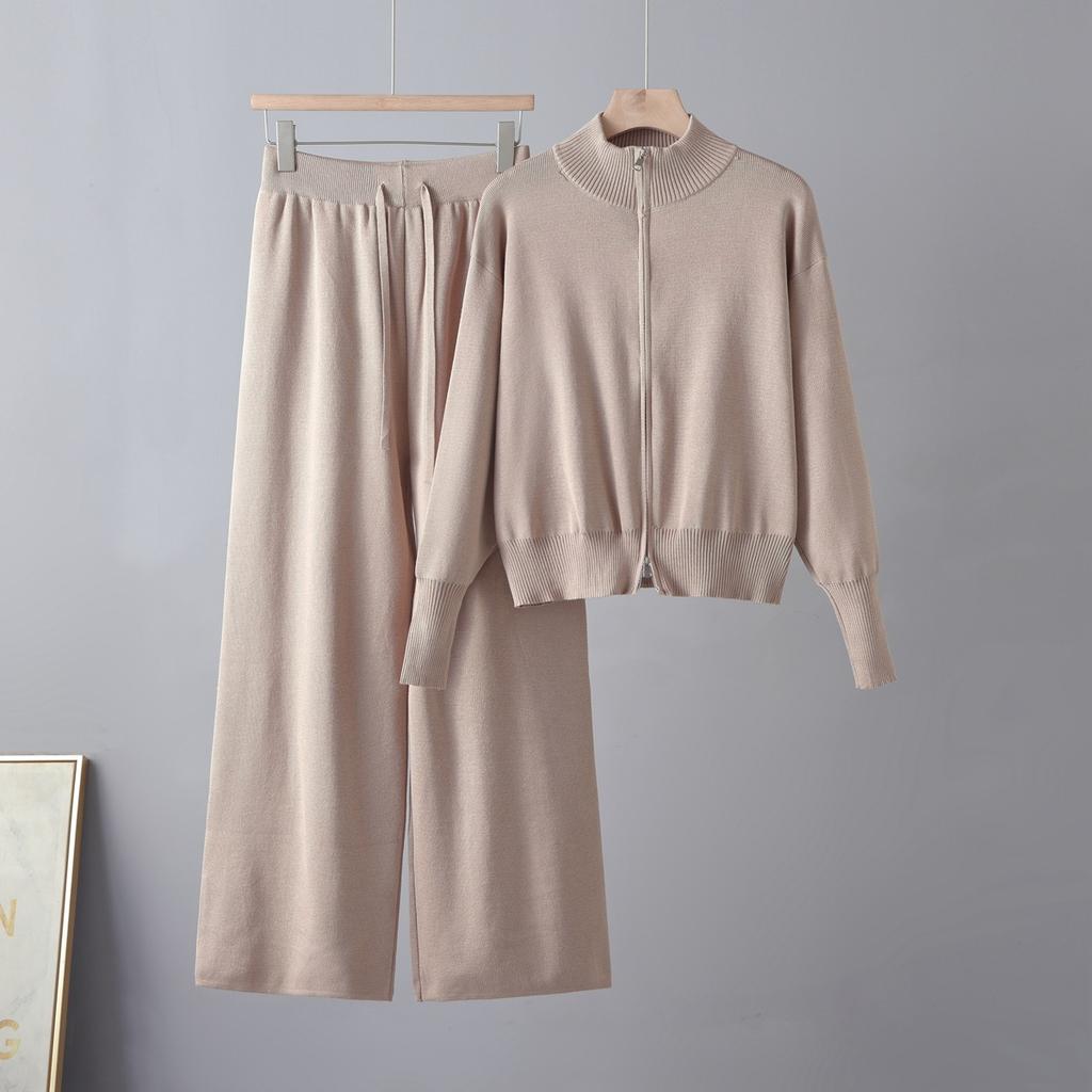 Lazy Wind Casual Knitting Suit Women's Autumn and Winter New Korean Version Crew Neck Zipper Sweater Cardigan Skirt Two-piece Set