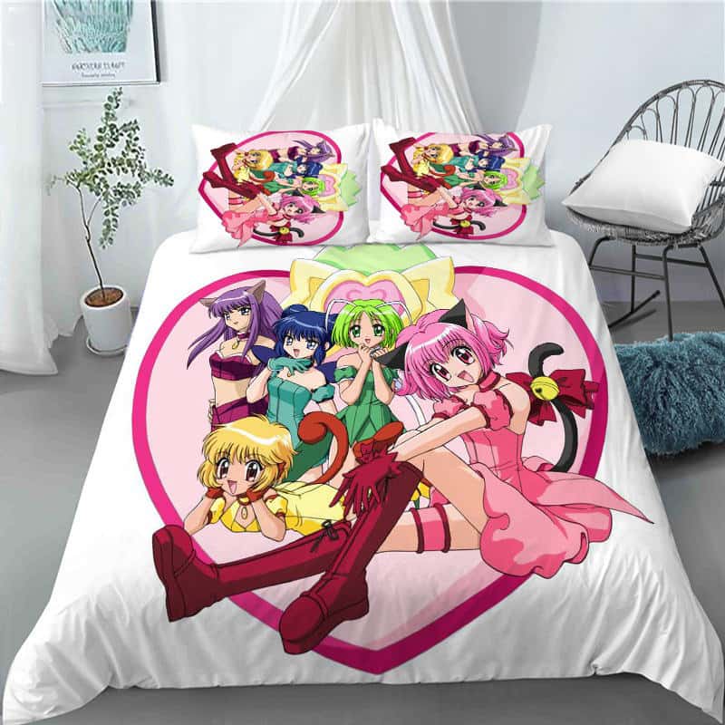 Kawaii Gilrs Anime Tokyo Mew Mew Bedding Set Boys Girls Twin Queen King Size Duvet Cover Pillowcase Bed Boys Adult Home Textiles