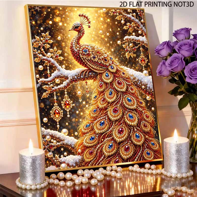 Sparkling Pearl Painting Kit with Frame Golden Peacock Bead Art Canvas Relaxing Craft Home Wall Decor Gift Set for DIY Art Wall Decoration Art