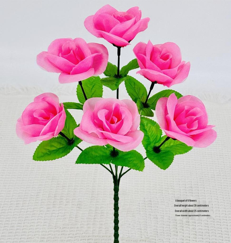 Curly Edge Red Rose Bouquet - 6 Head Artificial Silk Flowers for Living Room Decoration