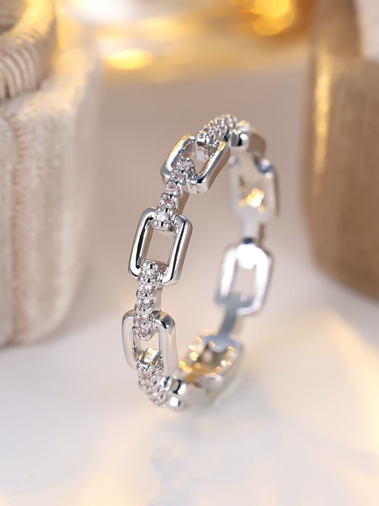 Classic Chain Shaped Women Silver Color Ring Inlaid Shiny Cubic Zirconia Trendy Party Daily Versatile Elegant Jewelry
