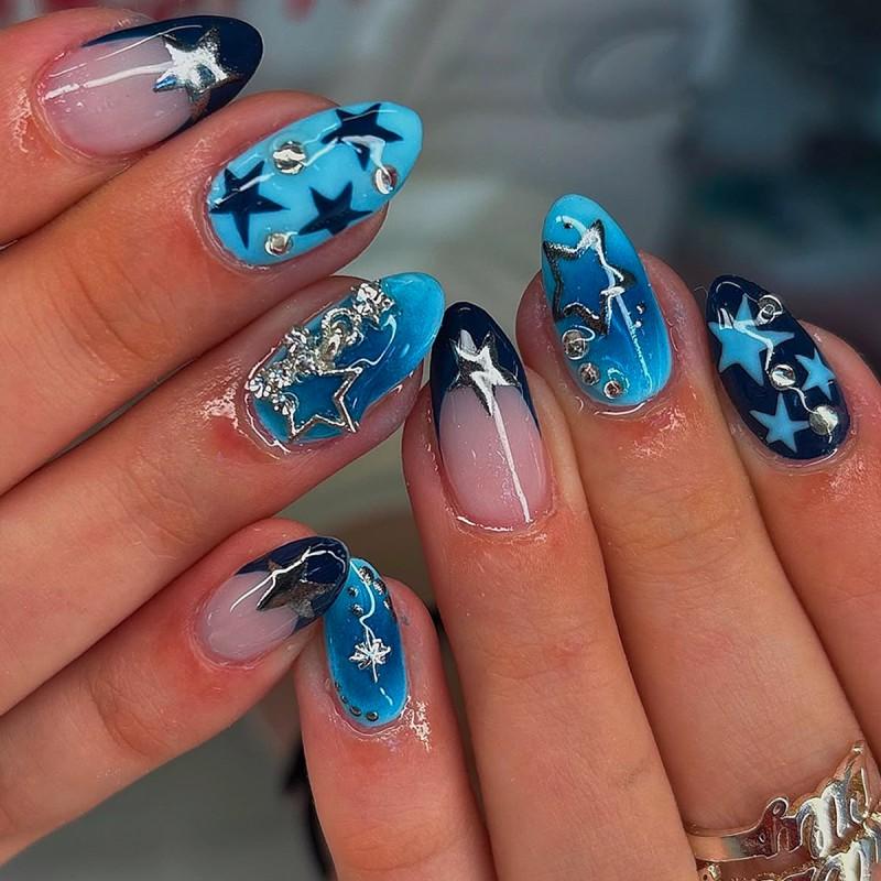 3D Star Gel Nail Tips In Ocean Blue Almond Shape Women Sweet Chic Press-On Nails With Geometric