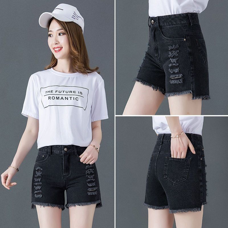 Pantaloni Scurți din Denim Rupt Femei Primăvară și Vară Talie Înaltă Elasticitate Versatili Îmbrăcăminte Exterioară Subțiri cu Picior Larg