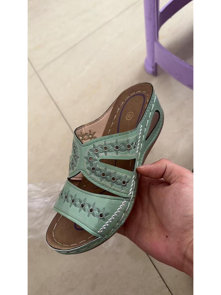 Women's Multi-color Embroidered Roman Wedge Heel Slippers: Plus Size Fish Mouth Sandals with Thick Soles