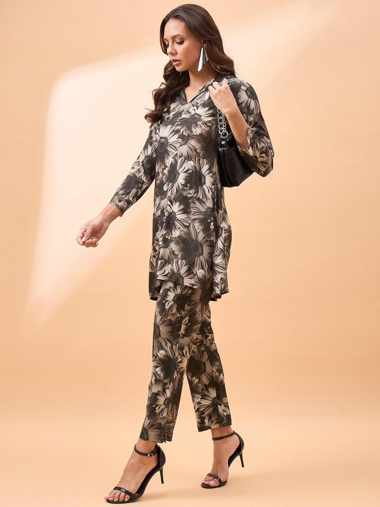 Flower Printed Shirt Collar Neck Top & Flared Trouser Co-Ords in Smoky Black Color