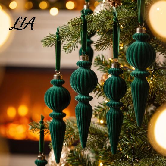 Retro Icicle Hanging Decorations 6Pcs Christmas Flocked Pendant with Lanyard, Creative Tree Hanging, French Vintage Style Baubles Shape Ornaments for