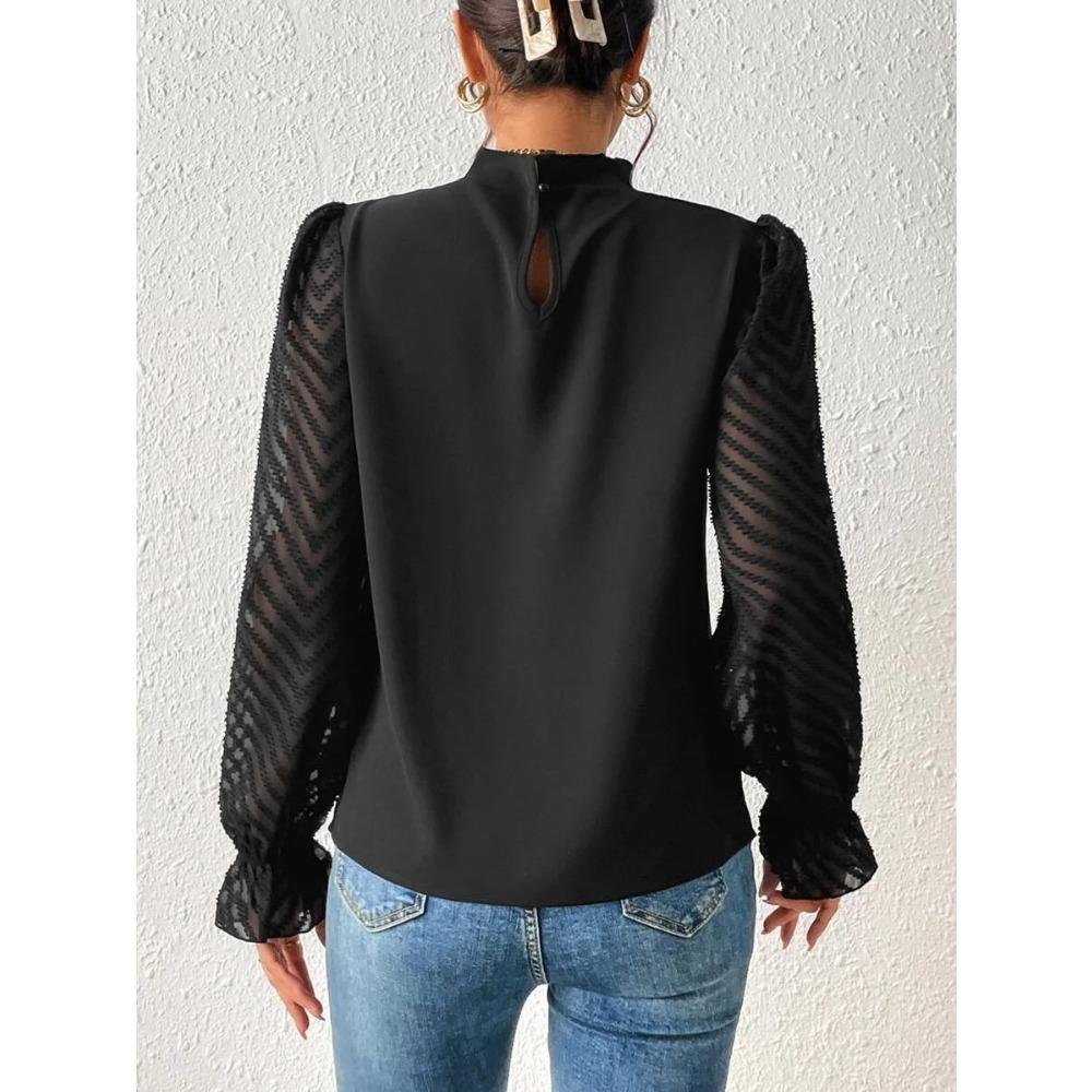 Women's Autumn Winter Half High Neck Patchwork Chiffon Long Sleeve Top