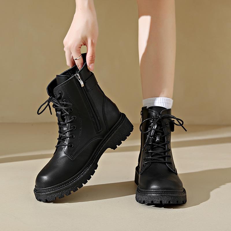 Women's 2025 Round Toe Lace-up Martin Boots with Side Zipper and Thick Sole - British Style Fashionable Short Boots