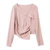 Sancai Women's Asymmetric Off-Shoulder Long Sleeve Slim Fit Crop Top