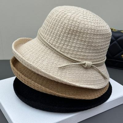 Nieuwe gekreukelde bucket hat dames Britse top hat lente en herfst hoed dames strik gebreide hoed veelzijdig