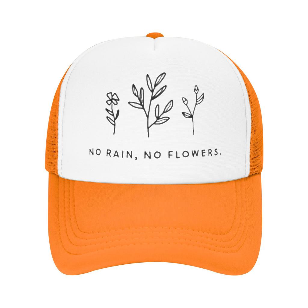 No Rain No Flowers Graphic Trucker Hat Minimalist Floral Design Breathable Mesh Baseball Cap Unisex Casual Adjustable