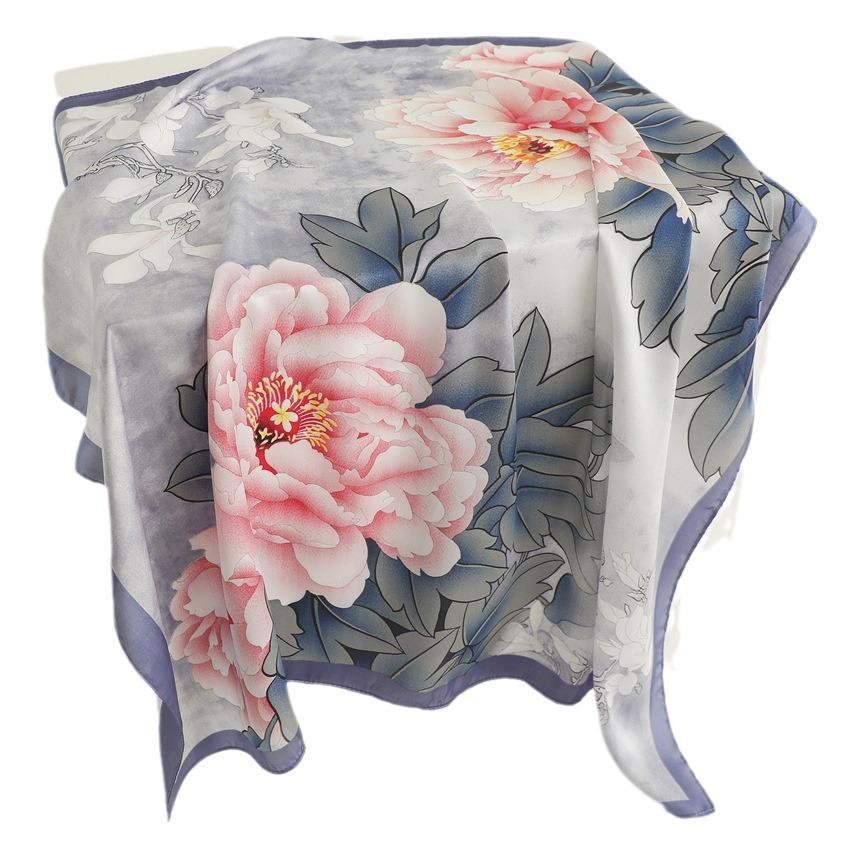 New Ink and Wash Peony Flower Silk Scarf Sunscreen Shawl Fashion Scarf Simulation Silk 71cm Square Scarf Professional Scarf Women