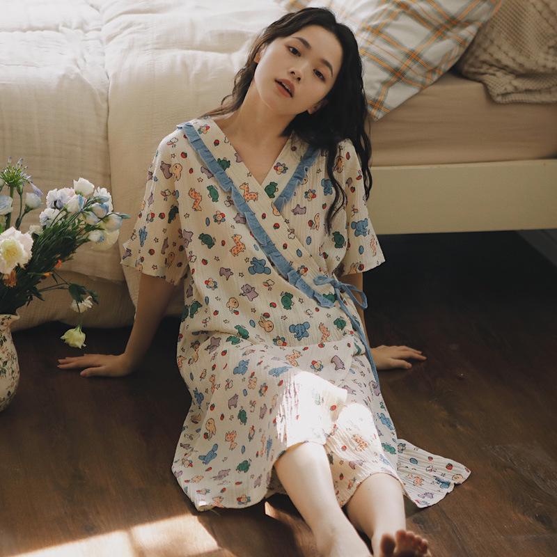 2025 Summer Kimono Maternity Nightdress - Crinkle Cotton, Postpartum Mid-Length, Short Sleeve Nursing Dress